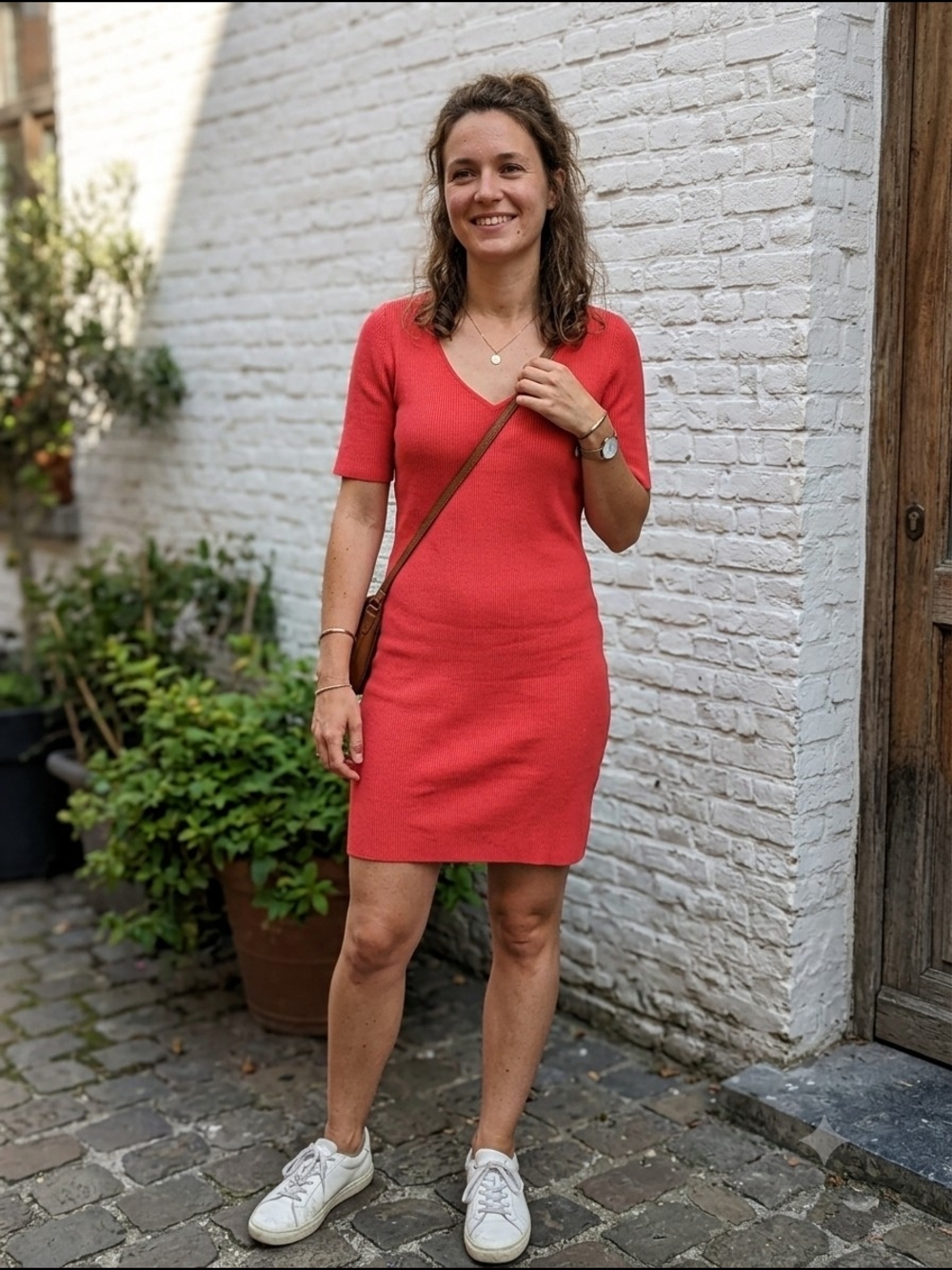 Joe Fresh Women’s Ribbed V-Neck Bodycon Knit Dress Coral 90s Minimalist